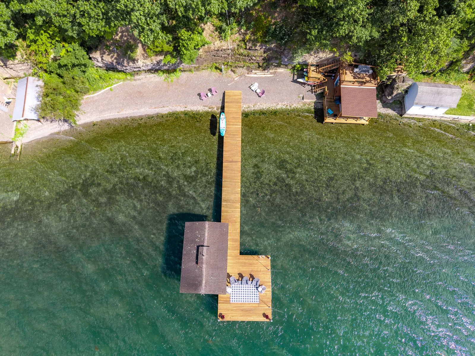 Drone view of the private dock and lake water